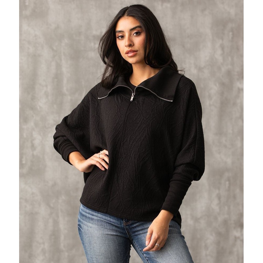 Buckle Black Sweatshirt Womens S/M Quarter Zip Dolman Pullover Textured Black